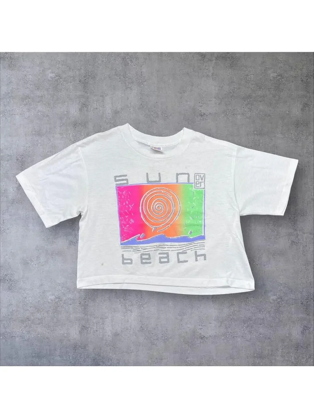 Vintage 90S Surf Fun N The Sun Beach Graphic Women’s White Cropped Top Tee Sz M